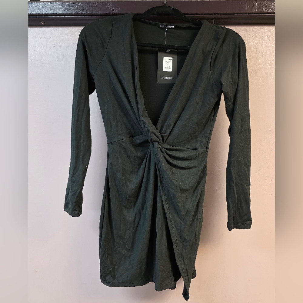 Fashion Nova long-sleeve, deep cut Little black Dress